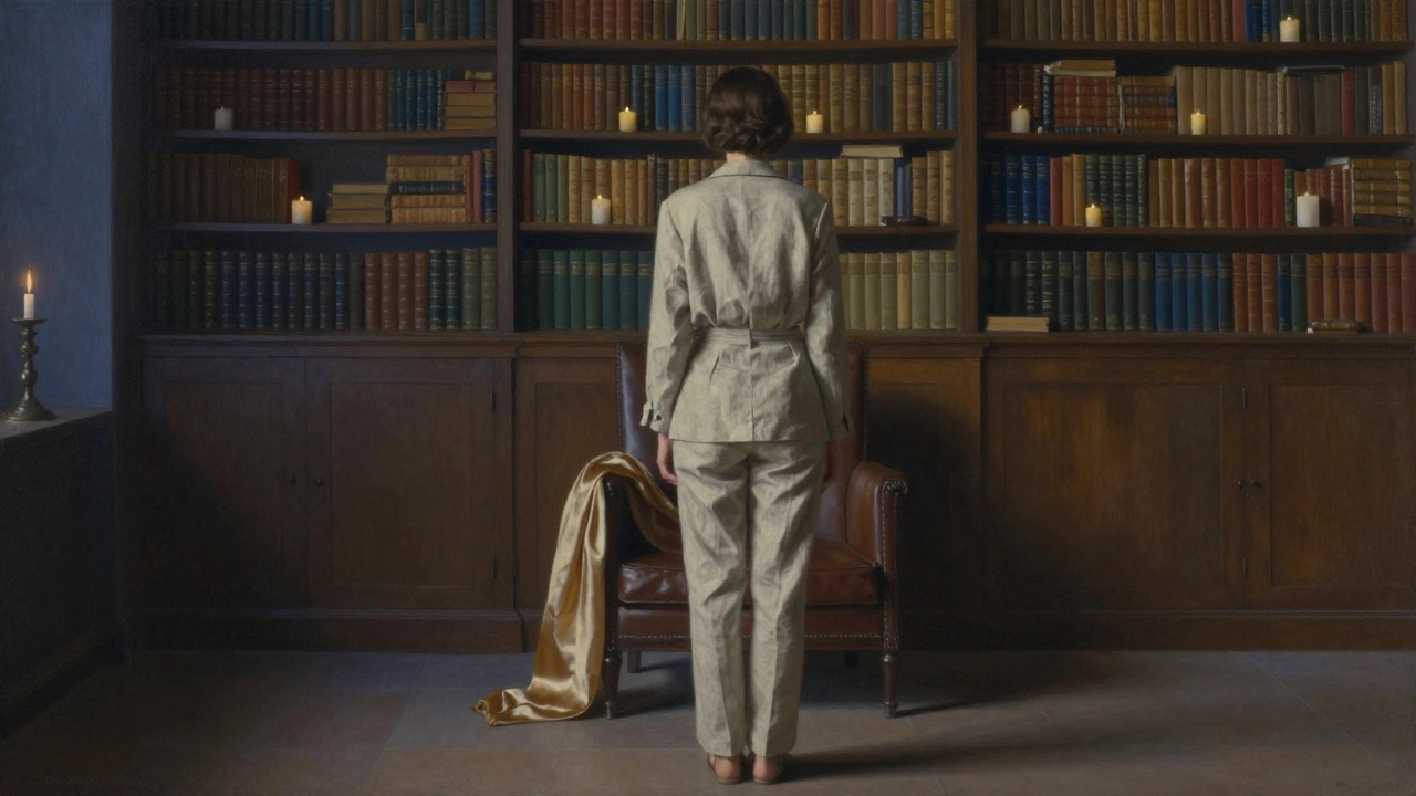 A woman in neutral linen stands calmly before a wall of books, radiating quiet power and presence.