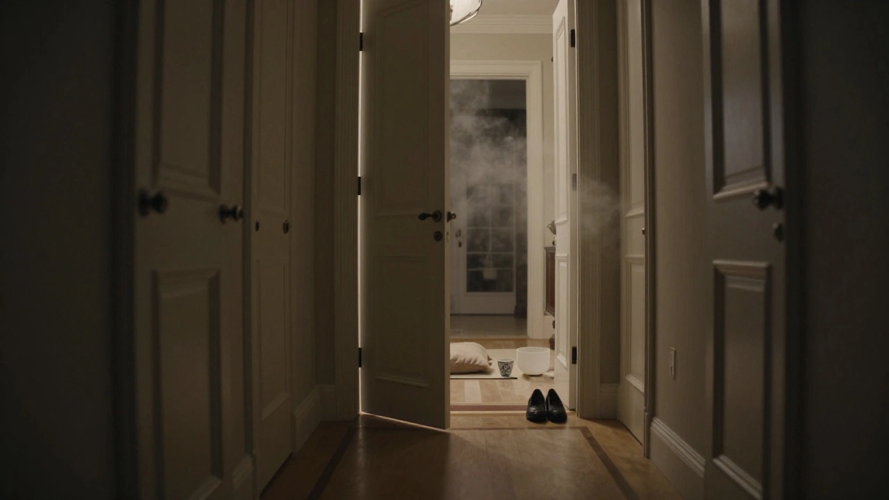 An empty hallway at night with a single open door revealing two porcelain cups and no traces of intrusion.